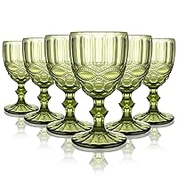 Qulable Wine Glasses Set of 6 | Vintage Red Wine Goblets Glassware Sets, Crystal Colored Drinking Glasses, Vintage Pattern Stemmed Goblet Set for Wedding Party Restaurant, Dishwasher Safe(8oz Green)