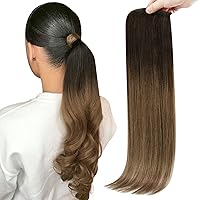 Full Shine Hair Extensions Ponytail Human Hair Balayage Darkest Brown to Light Brown Clip in Ponytail Extensions Wrap Around Straight Hair 80Grams 20Inch