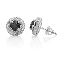 2.60 Carat (Cttw) Round Cut White and Black Natural Diamond Halo Stud Earrings 10k Solid White Gold Screw Back