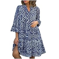 Deals Today Women's Summer Boho Dress Casual Loose Vintage Swing Dresses 3/4 Sleeve V Neck Tunic Dresses Flowy Beach Sundresses Robe De Soiree Femme Blue