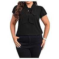 MakeMeChic Women's Plus Size Casual Ruffle Short Sleeve Tie Neck Office Summer Shirts Blouse Tops