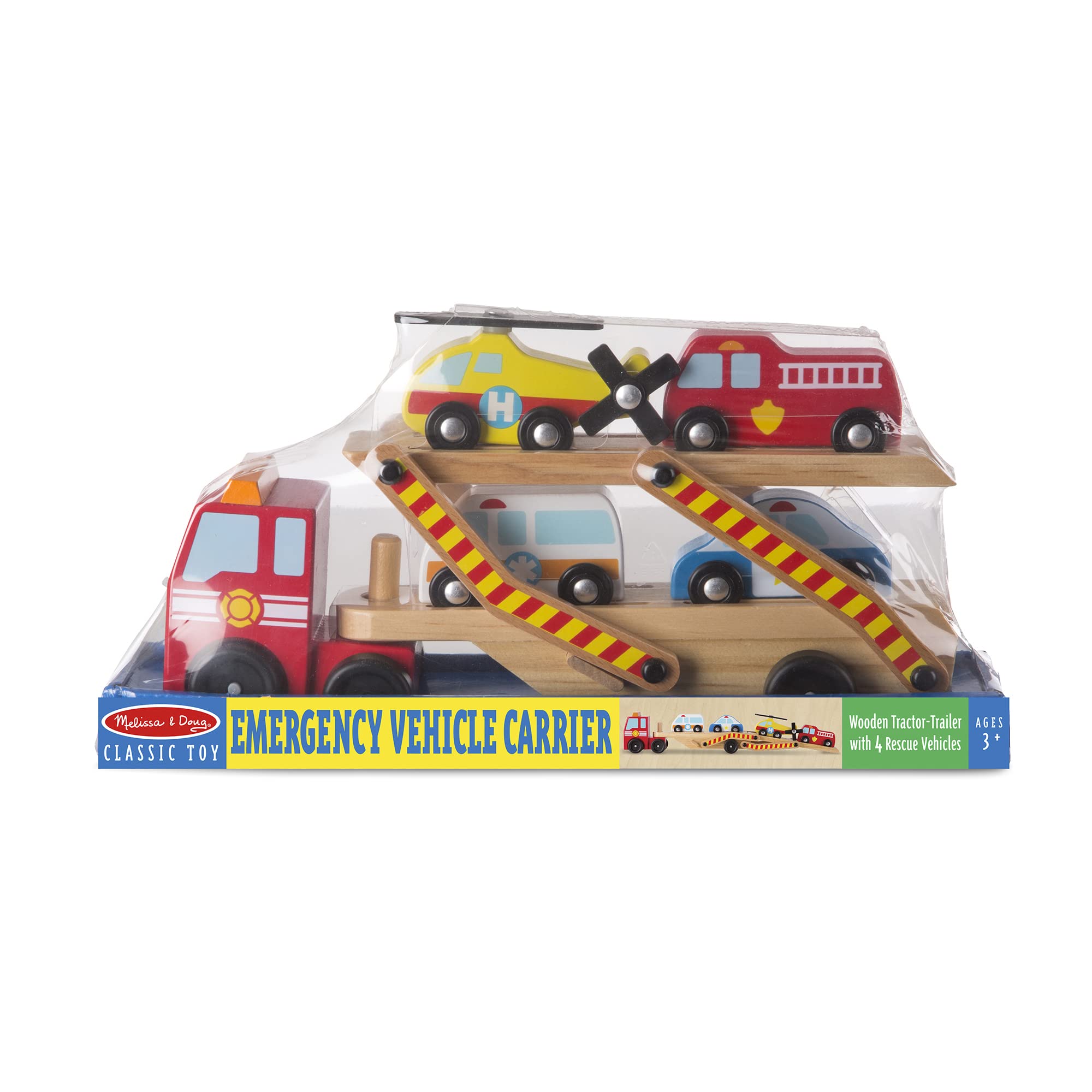 Melissa & Doug Wooden Emergency Vehicle Carrier Truck With 1 Truck and 4 Rescue Vehicles
