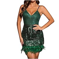 Women Sequins Feather Dress Tassels Flapper Dress Homecoming Dress Fringed Latin Party Dress Sleeveless Dance Dress