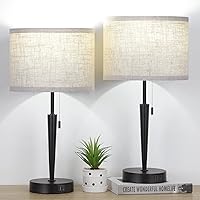 Set of 2 Bedroom Table Lamps, Pull Chain Bedside Lamps with USB A & C Charging Ports,5000K LED Bulb,Linen Lampshade for Livingroom, Bedroom, Home