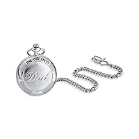 Bling Jewelry Retro Vintage Style Two Tone Daddy Father Gift Word Best Greatest DAD Skeleton Pocket Watch for Men Numeral White Dial Gold Silver Plated Finish with Long Pocket Chain