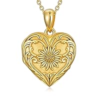 SOULMEET 10K 14K 18K Solid Gold Personalized Sunflower/Starburst/Cross/Rose/Lotus/Butterfly/Turtle/Celtic/Bee Heart Locket Necklace That Holds Picture Gift Choice
