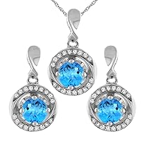 Sabrina Silver 14K White Gold Natural Swiss Blue Topaz Earrings and Pendant Set with Diamond Accents Round 4 mm