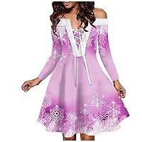 Christmas Outfits for Women Dressy, Fashion Casual One Shoulder Retro Printed Plush Party Long Sleeved Dress Women's Holiday Xs Guest Womens Winter Dress Sweater Dresses (L, Light Purple)