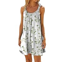 HTHLVMD Birthday Sundress for Women Sleeveless Summer Knee Length Beautiful Fitted Tunic Cotton Printed Crewneck Comfort Ruched Tunic Women Green