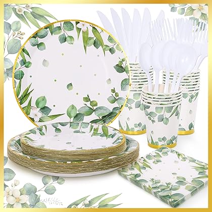 SAINLEEN Baby Shower Decorations Greenery Paper Plates & Napkins Party Supplies for 24 Guest, Sage Green Supplies-Disposable Plate,Cups, Cutlery Wedding Bridal Birthday