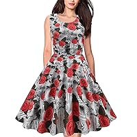 Floral Mini Dress for Women Flowy,Crewneck Sleeveless Vintage Print Big Swing Dress Shaggy Skirt Dress Summer S