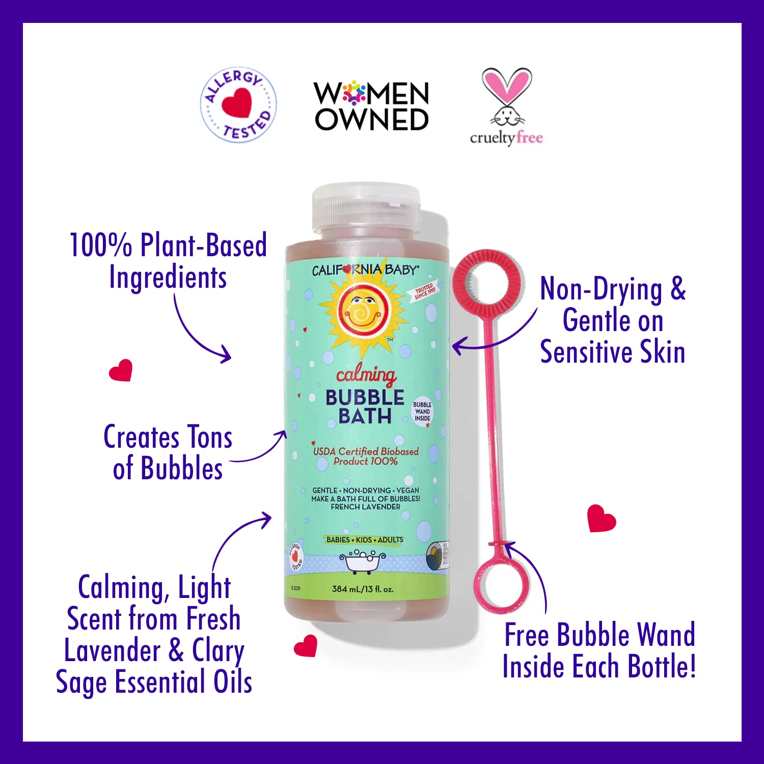 California Baby Calming Bubble Bath | Calming Lavender Scent | 100% Plant-Based Ingredients (USDA Certified) | Allergy Friendly | Babies, Adults & Kids Bubble Bath | Ideal for Sensitive Skin | Free Bubble Wand Included | 384 mL / 13 fl. oz.