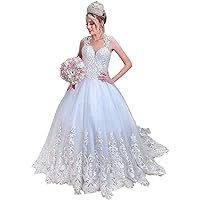 Women's Beaded Illusion Bridal Ball Gowns Long Train Church Lace Wedding Dresses for Bride Plus Size