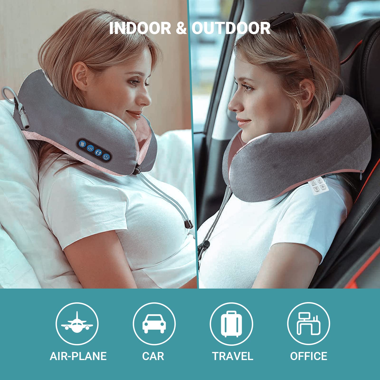EEZEE Neck Massage Pillow with 3 Vibrating Modes for Neck, Back and Leg Relax and Support, Travel Neck Pillow with Heat U-Shaped Memory Foam Pillow for Home Office Airplane Car