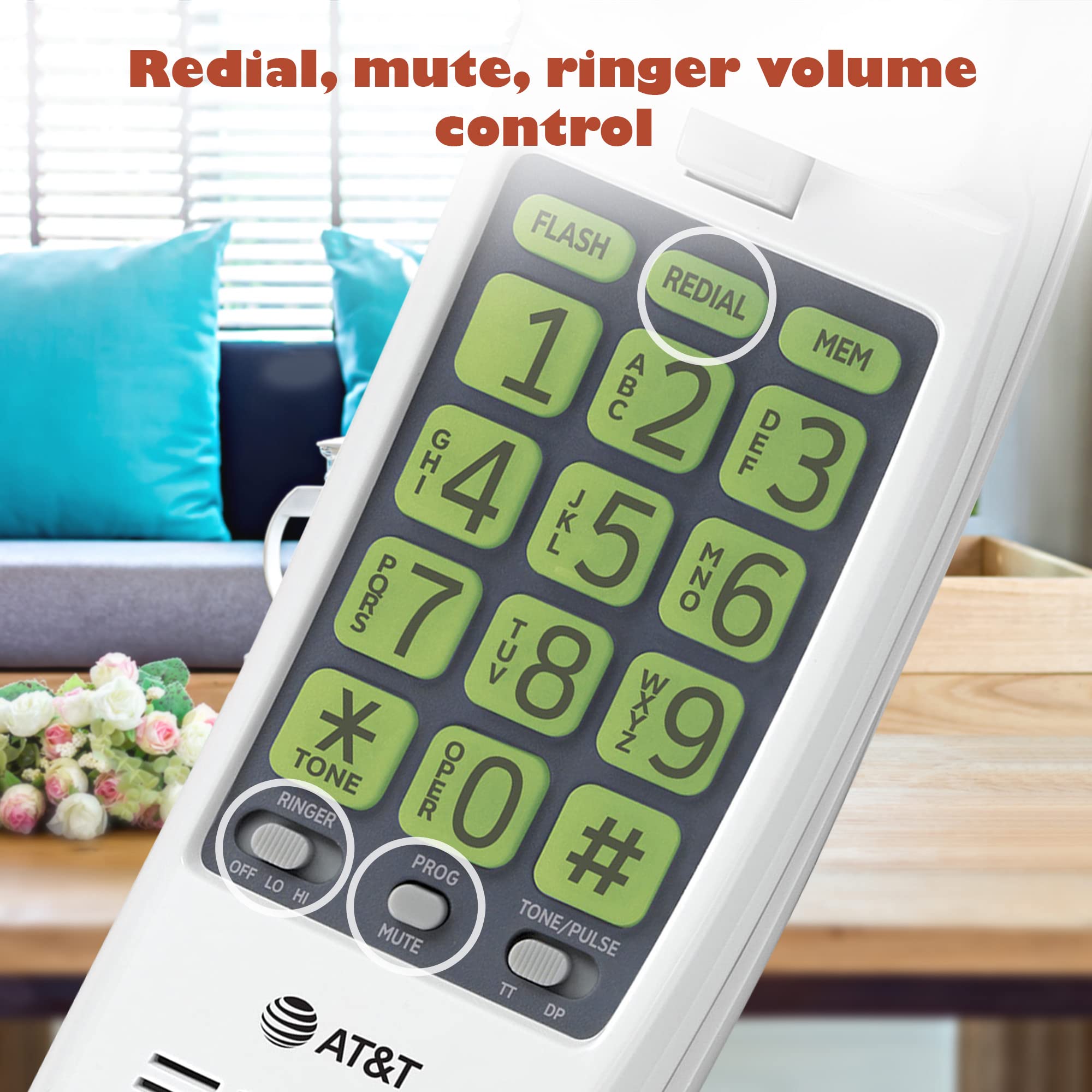 AT&T TRIMLINE 213 Corded Home Phone with Extra Big Buttons & Visual Ringer. No AC Power Required, Improved Easy-Wall-Mount, Lighted Keypad, 10 Speed Dial Keys, Volume Control, Senior Friendly. White