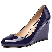WAYDERNS Women's Slip On Fashion Round Toe Office Patent Wedge High Heel Pumps Shoes 3.3 Inch