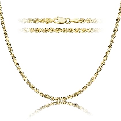 PORI JEWELERS 14K Yellow Gold 1.5MM, 2MM, 2.5MM, 3MM, 4MM, or 5MM Diamond Cut Rope Chain Necklace - Sizes 16