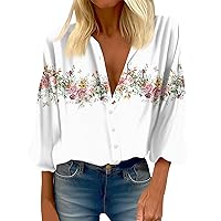 3/4 Sleeve Tops for Women,Women's Crew Neck Shirt Blouse Vintage Print Button Casual Fashion 3/4 Sleeve Top