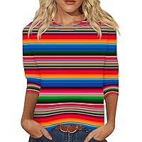 T Shirts for Women, Cinco De Mayo Women Gifts Women 5th of May Festival Summer Mexican Cinco De Mayo Holiday 3/4 Length Sleeve Tops Colorful Rainbow Print Tee Blouse