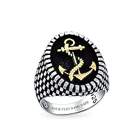 Personalize Men's Big Oval Signet Nautical Rope Boat Anchor Ring For Men Checker Board Two Tone Black Gold-Tone Patina .925 Sterling Silver Made In Turkey