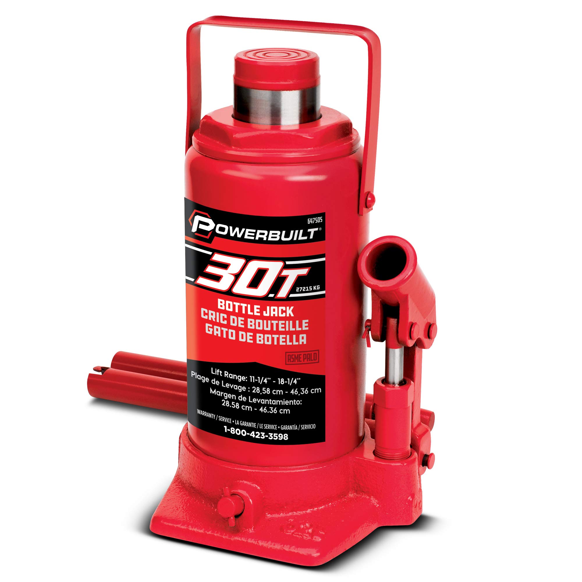 Powerbuilt Bottle Jack, 30 Ton Capacity, Heavy Duty 60000 Pounds Hydraulic Vehicle Lift with Stable Base - Red 647505
