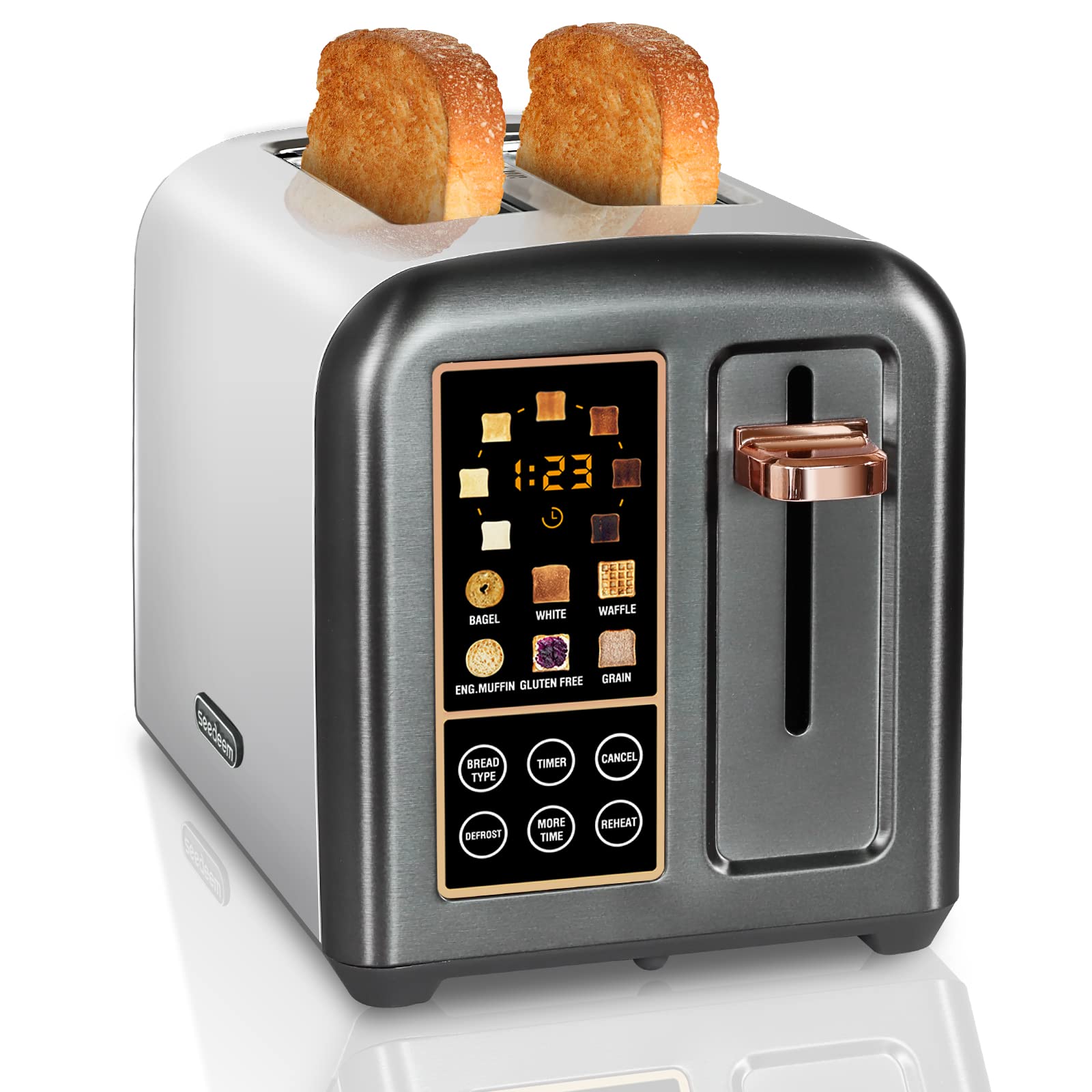 SEEDEEM Toaster 2 Slice, Stainless Steel Bread Toaster with LCD Display and Touch Buttons, 50% Faster Heating Speed, 6 Bread Selection, 7 Shade Settings, 1.5''Wide Slots Toaster with Cancel/Defrost/Reheat Functions, Removable Crumb Tray, 1350W, Dark Metal
