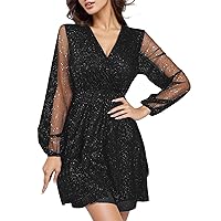 Black Mini Dresses for Women,Sequin Dress for Women Long Sleeve V Neck Sparkly Glitter Mini Dress Elegant Weddi
