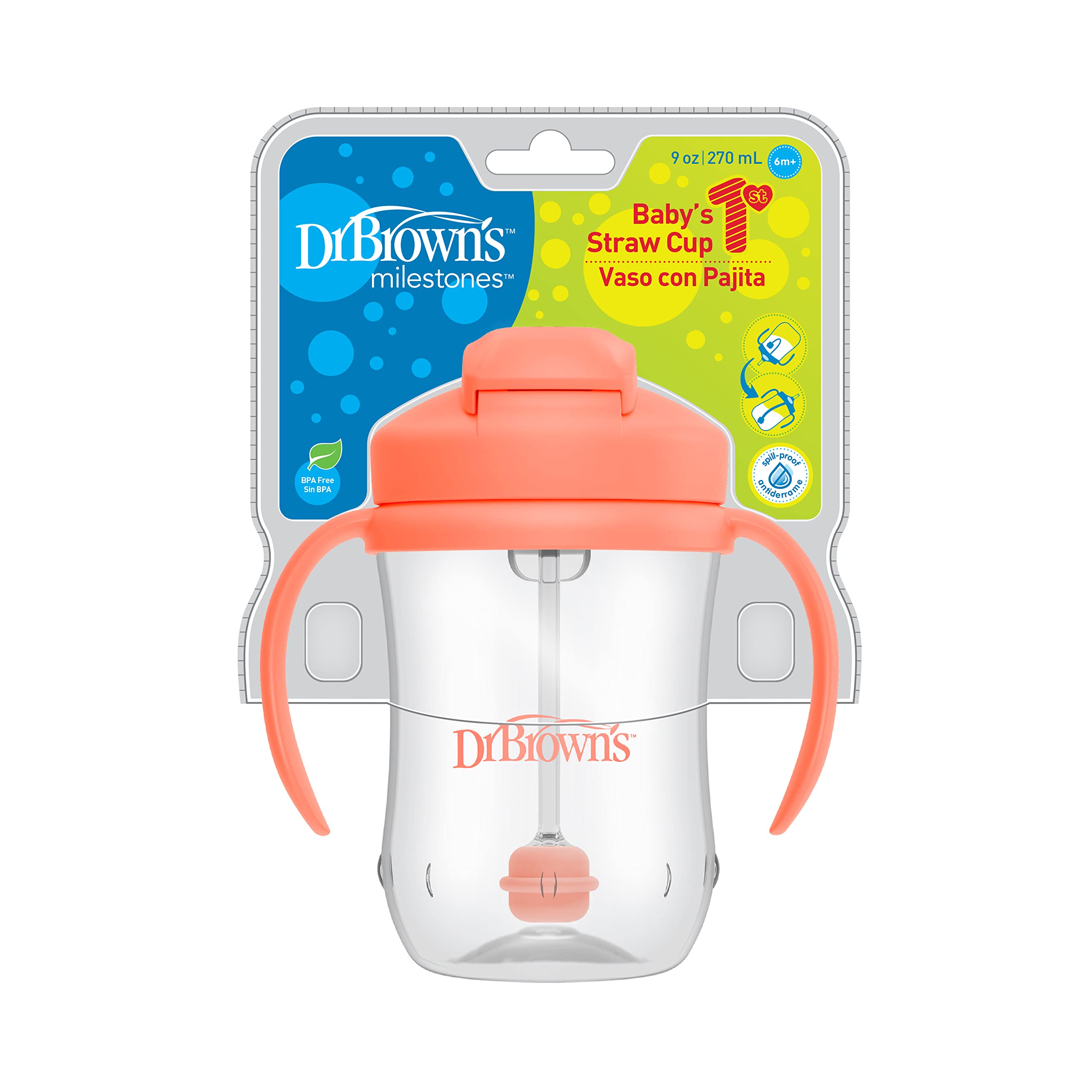 Dr. Brown's Milestones, Baby's First Straw Cup Sippy Cup with Straw, 6m+, 9oz/270ml, Coral, BPA Free