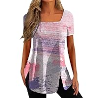 Womens Summer Tops 2023 Square Neck Short Sleeve Tees Tops Oversized Tshirts Printed Loose Comfortable Blouses