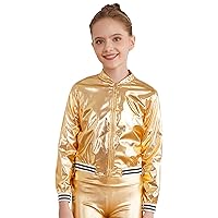 ACSUSS Kids Girls Jazz Dance Disco Costume Zip Up Metallic Bomber Jacket Coat Children's Day Halloween Fancy Dress