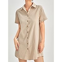 Summer Dresses for Women 2022 Single Breasted Roll Cuff Shirt Dress Dresses for Women (Color : Khaki, Size : X-Small)