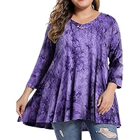 MONNURO Womens Plus Size 3/4 Sleeve V Neck Button Casual Loose Flowy Swing Tunic Tops Basic Tee Shirts for Leggings(Tie Dye Purple,3X