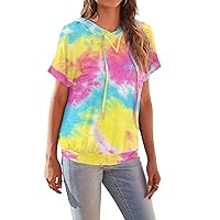 DEARCASE Womens Casual Tunic Tops Short Sleeve Tie Dye Shirts Drawstring Pullover Hoodie