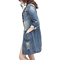 Women Ripped Destroyed Mid Length Trench Coat Loose Fit Denim Trucker Jacket Coat