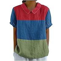 Women Color Block Peter Pan Collar Shirts Y2K Keyhole Back Short Sleeve Tee Tops Summer Casual Loose Fit Blouse