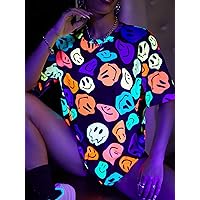 Women's Shirts Women's Tops Shirts for Women Reflective Expression Print Drop Shoulder Tee (Color : Multicolor, Size : Large)