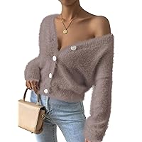 Pink Queen Women's Furry Cropped Cardigan Batwing Sleeves Open Front V-Neck Button Down Loose Knit Sweater Coat