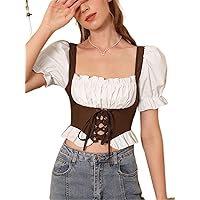 Women's Tops Sexy Tops for Women Women's Shirts Puff Sleeve Lace Up Front 2 in 1 Blouse