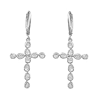 2.50 CTW Natural Diamond Polki Christian Cross Rectangle Dangles 925 Sterling Silver Platinum Plated Slice Diamond Earrings