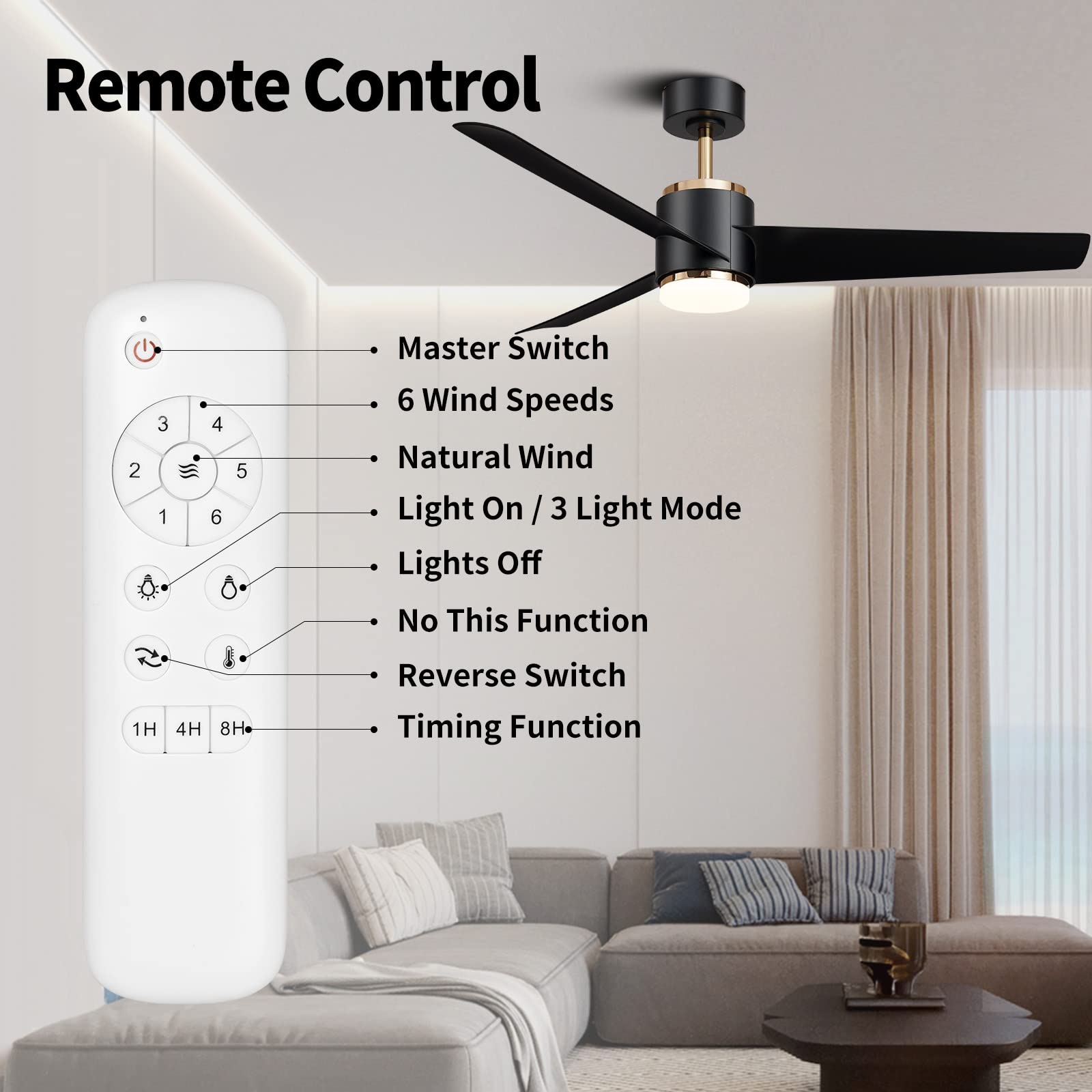 Wofifly 132 CM Moderne Deckenventilator mit LED-Licht und Fernbedienung, drei Flügeln, Geräuschloser DC-Motor, 3 Farbtemperaturen & 6 Windgeschwindigkeiten, Timer & Umkehrsfunktion, Schwarz und Gold