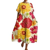 Women 2024 Boho Summer Maxi Dress for Women Short Sleeve Crewneck Casual Trendy Flowy Loose Dress