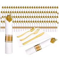 Pre rolled Napkin and Cutlery Set - 100 Pack Wrapped Silverware Set Disposable, Gold Rolled Plastic Cutlery with 100 Forks, 100 Knives, 100 Spoons and 100 Napkins for Party, Wedding Daily Use