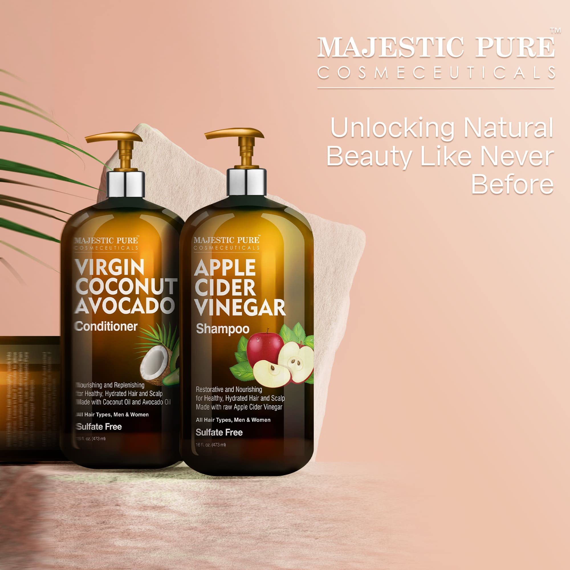 MAJESTIC PURE Apple Cider Vinegar Shampoo and Avocado Coconut Conditioner Set - Restores Shine & Reduces Itchy Scalp, Dandruff & Frizz - Sulfate Free, for All Hair Types, Men and Women - 2 x 16 fl oz
