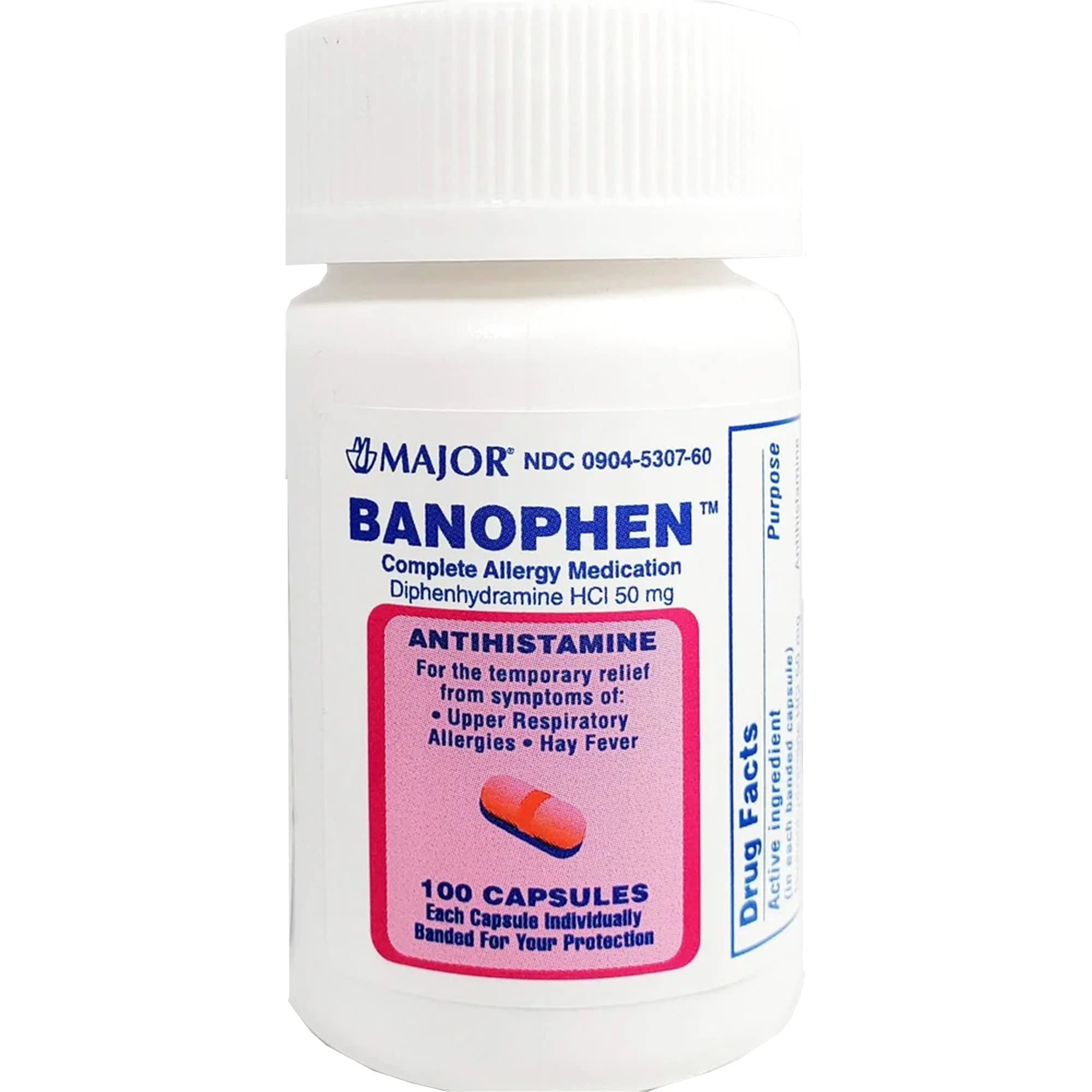 Major Pharmaceuticals Banophen 50mg 100 Caps, Assorted