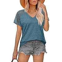 WIHOLL Summer Tops for Women V Neck T-Shirts Swiss Dot Short Sleeve Shirts Casual Fashion Blouses