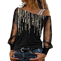 Women's Off Shoulder Long Sleeve Tunic Tops Sexy Mesh Sheer Sequin Blouse Dressy 2024 Fashion Loose Fit T Shirts Tops