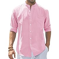 J.VER Men's Cotton Linen Long Sleeve Shirts Casual Button Down Banded Collar Shirt Beach Summer Tops with Pocket