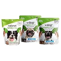 V-dog Treat Bundle for All Stages | Soft and Chewy Vegan Wiggle Dog Biscuits (Peanut Butter and Blueberry) | V-Planet Savory Plant Based Jerky