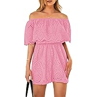 PRETTYGARDEN Women's Embroidery Rompers Dressy 2024 Summer Casual Off Shoulder Ruffle Shorts Jumpsuits