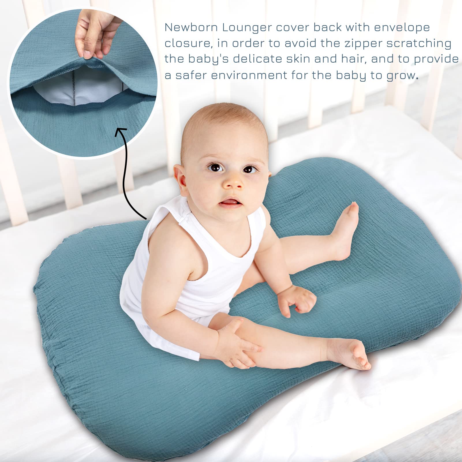 Muslin Baby Lounger Cover Soft Organic Cotton Slipcover Fits Newborn Lounger for Baby Boys and Girls (Blue)